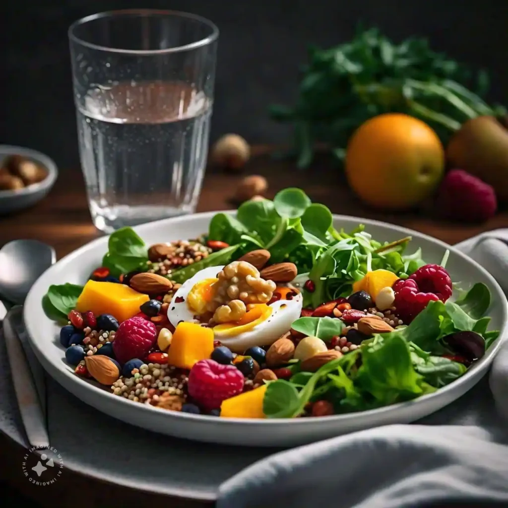 A nutritious meal with leafy greens, fruits, nuts, and water, emphasizing a heart-friendly diet to manage Heart Palpitations.