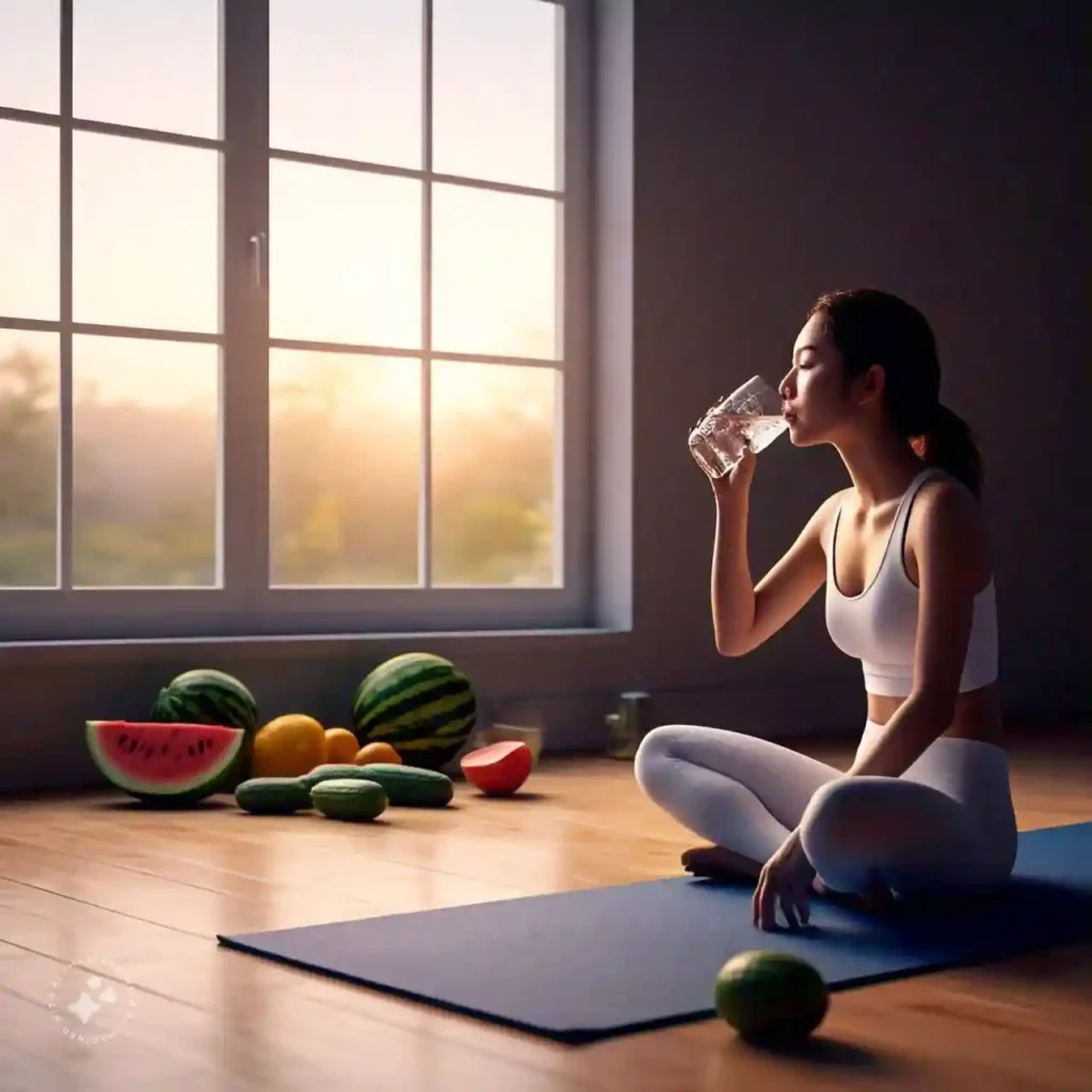 A person drinking water in the morning with fresh produce and a yoga mat, symbolizing hydration and activity to deal with constipation.