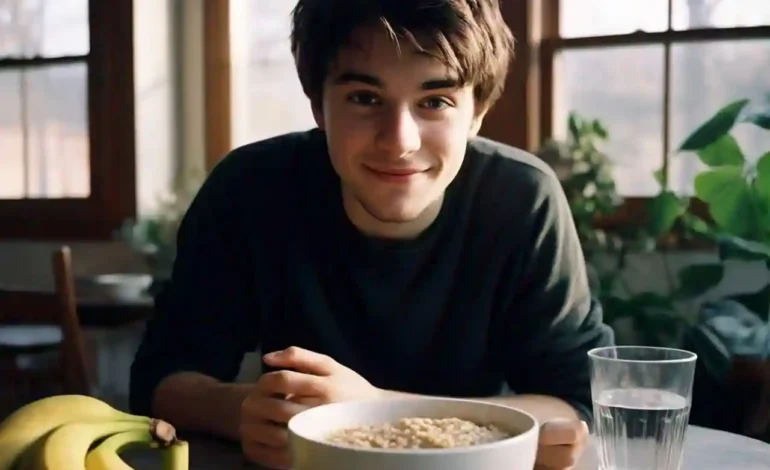 A person enjoying a healthy meal with bananas, oatmeal, and water to manage acid reflux symptoms.