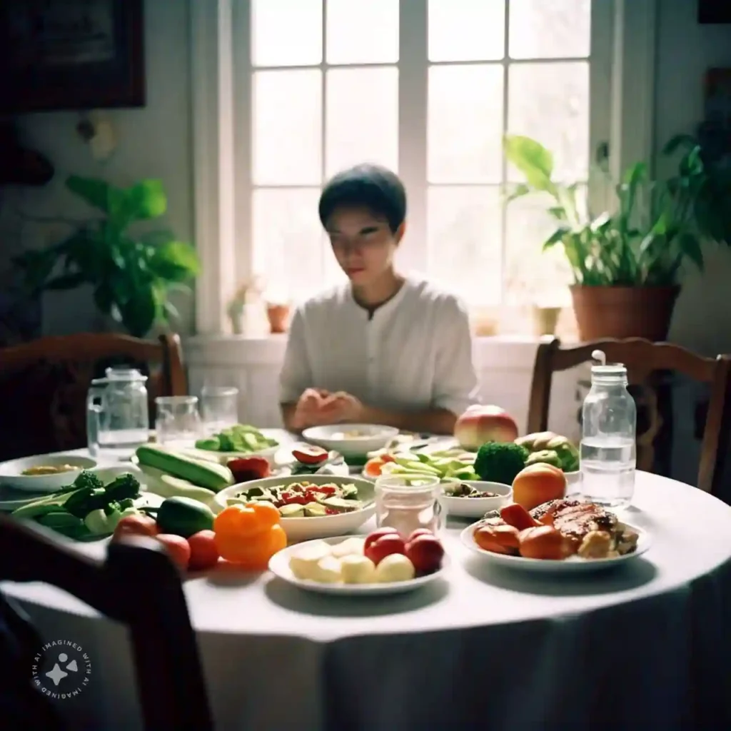 A person enjoying a meal with UC-friendly foods like vegetables, lean protein, and water, promoting healthy eating for ulcerative colitis management.