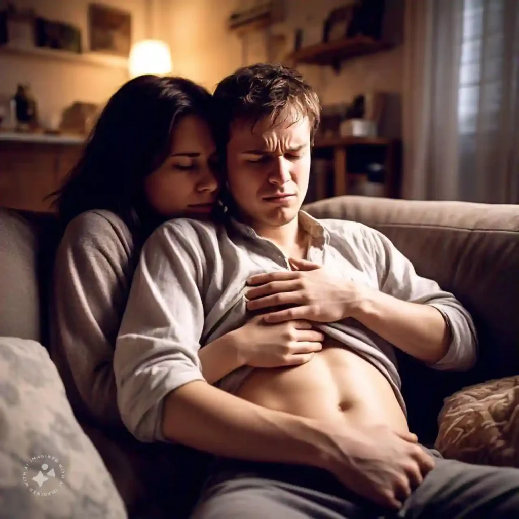 A person experiencing abdominal pain from Crohn's disease, sitting with a comforting friend in a warm home setting.