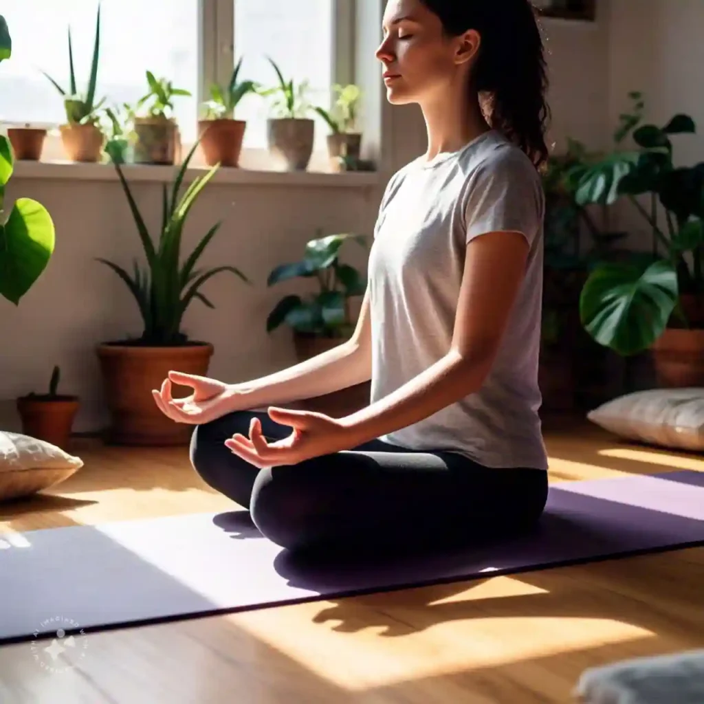 A person meditating in a sunlit room with plants, illustrating stress management techniques to reduce the risk of mental health issues.