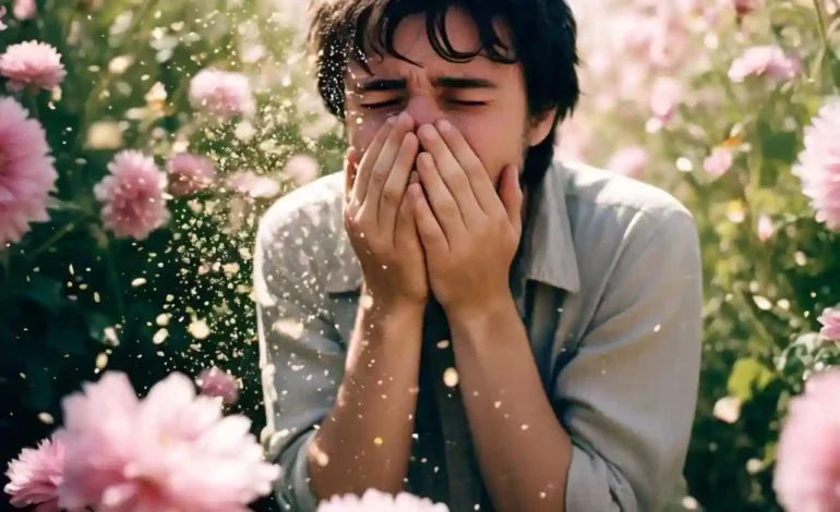 A person outdoors sneezing with pollen visible in the background, symbolizing how Allergies Affects on Respiratory Health.