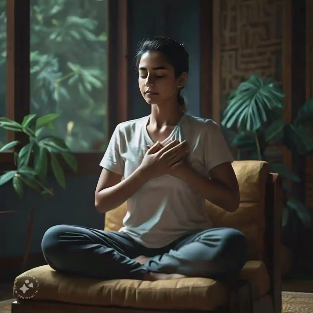 A person practicing deep breathing exercises in a peaceful setting, promoting relaxation and heart health, with a focus on Heart Palpitations.