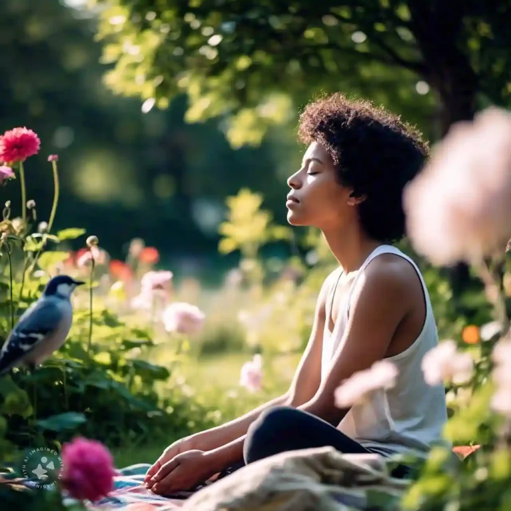 A person practicing mindfulness and deep breathing in nature to deal with burnout and promote recovery.