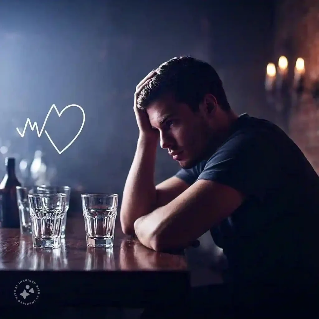 A person surrounded by empty glasses, symbolizing the negative effects of heavy alcohol consumption on heart health. Focus on the impact of alcohol on heart.