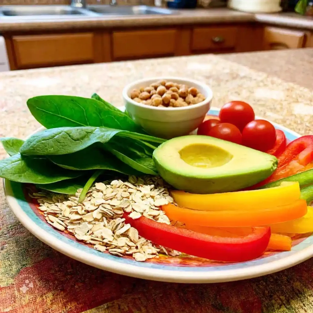 A plate filled with cholesterol-lowering foods, including vegetables, fruits, oats, avocado, and nuts, for managing high cholesterol.