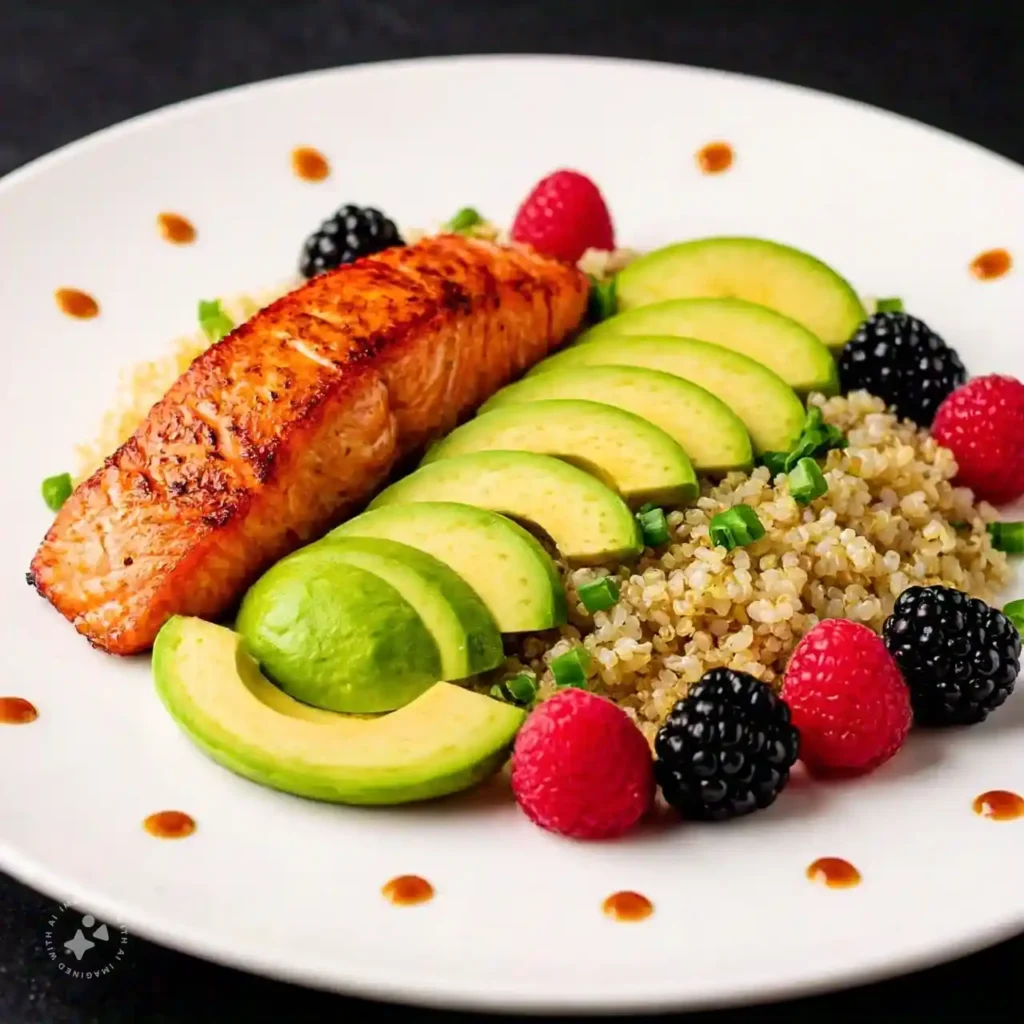 A plate of heart-healthy foods including salmon, avocado, and berries for heart disease prevention.