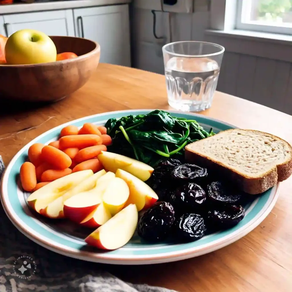 A plate of high-fiber foods with fruits, vegetables, whole grains, and water, highlighting dietary solutions to deal with constipation.