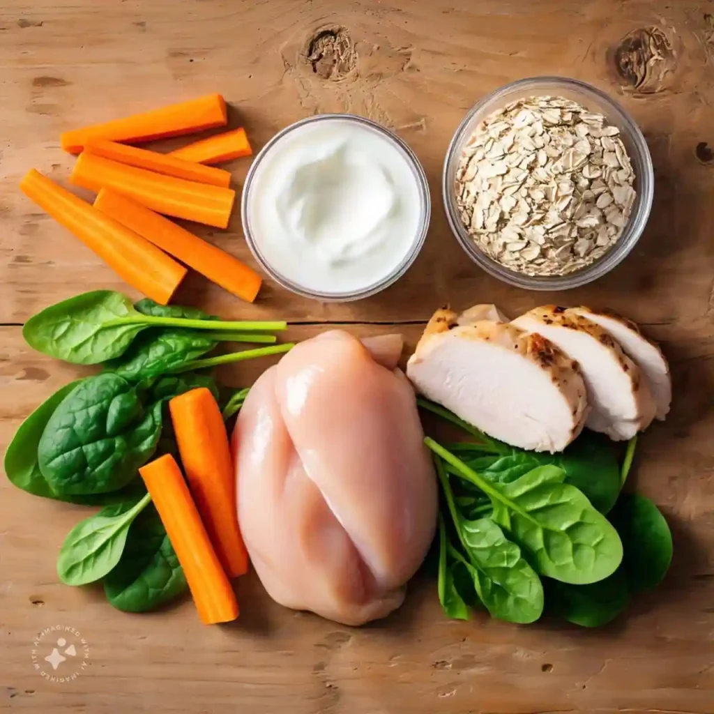 A selection of foods that help reduce bloating and gas, including carrots, spinach, chicken, oats, and yogurt, displayed on a wooden table.