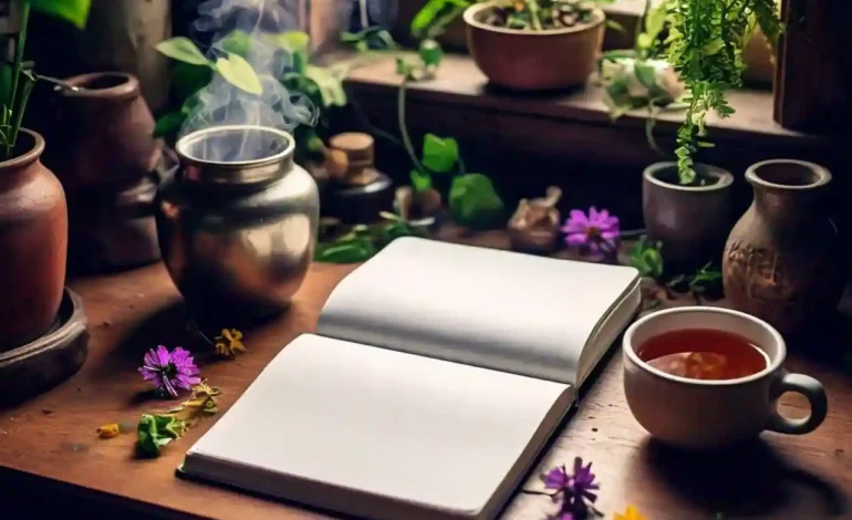 A serene journal setup on a wooden table with a cup of tea, surrounded by greenery, symbolizing relaxation and mindfulness. Journaling for Mental Health.