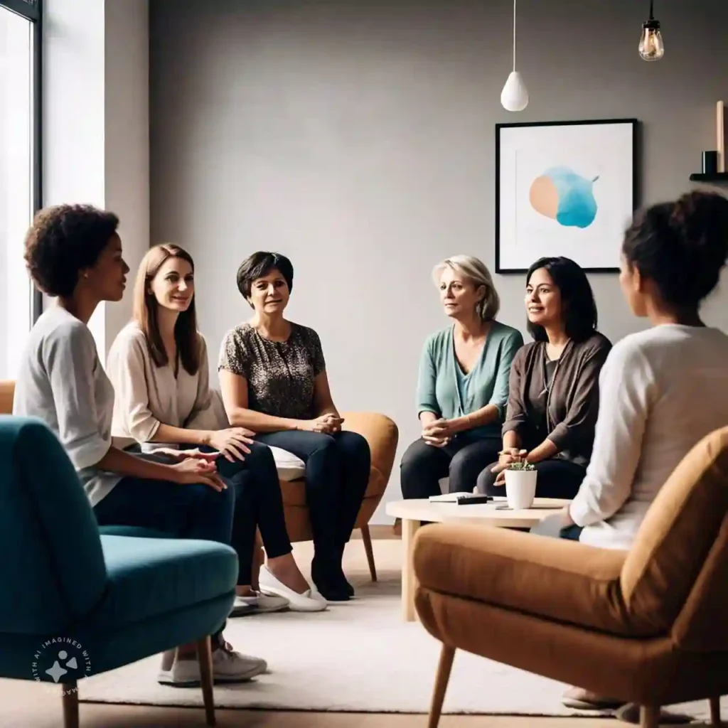 A supportive group therapy session for individuals with ulcerative colitis, fostering connection and understanding among participants.