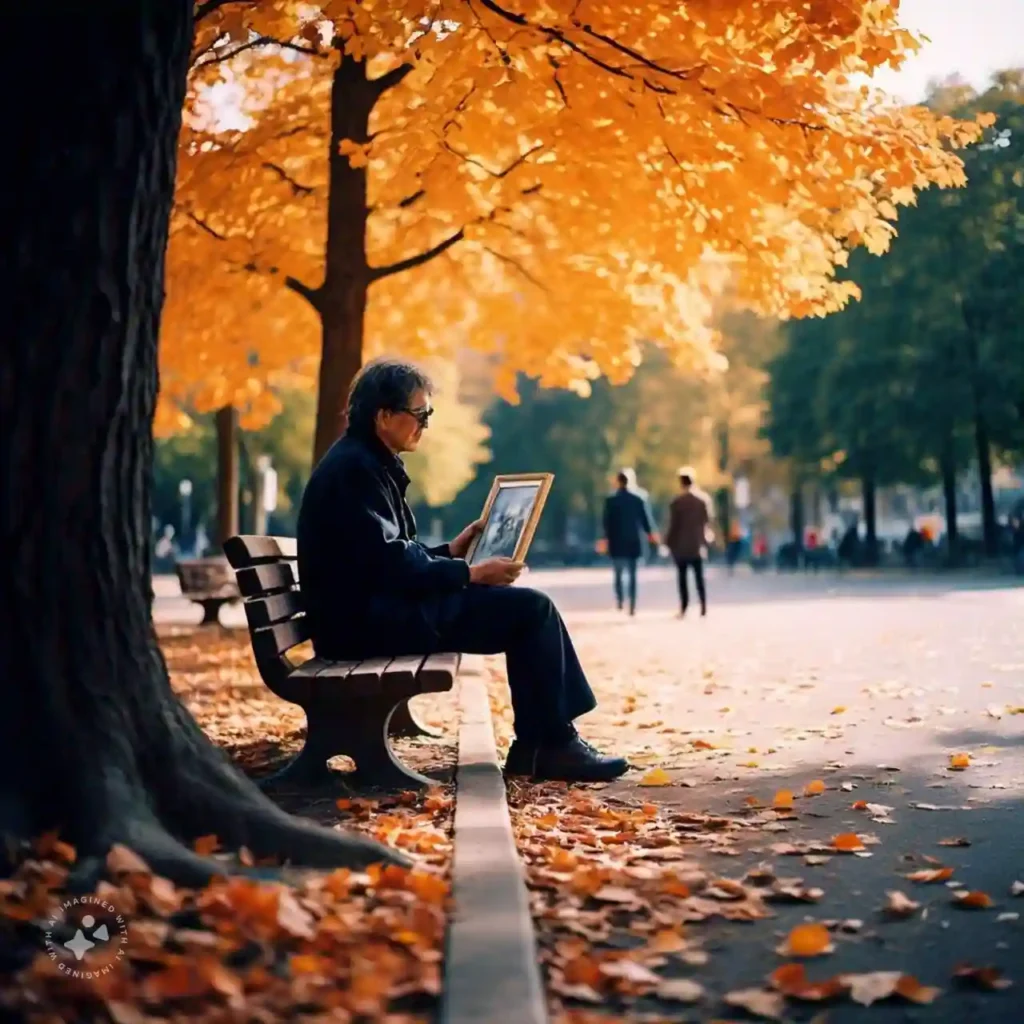 A thoughtful person sitting on a park bench in autumn, holding a photo frame, symbolizing the stages of grief and introspection.