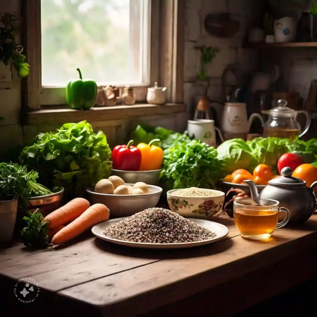 A variety of healthy foods, including vegetables and herbal teas, for managing hyperthyroidism.