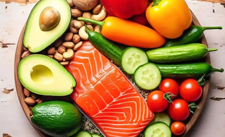 A variety of healthy whole foods including avocados, salmon, quinoa, and vegetables, representing a balanced diet for hormonal health.