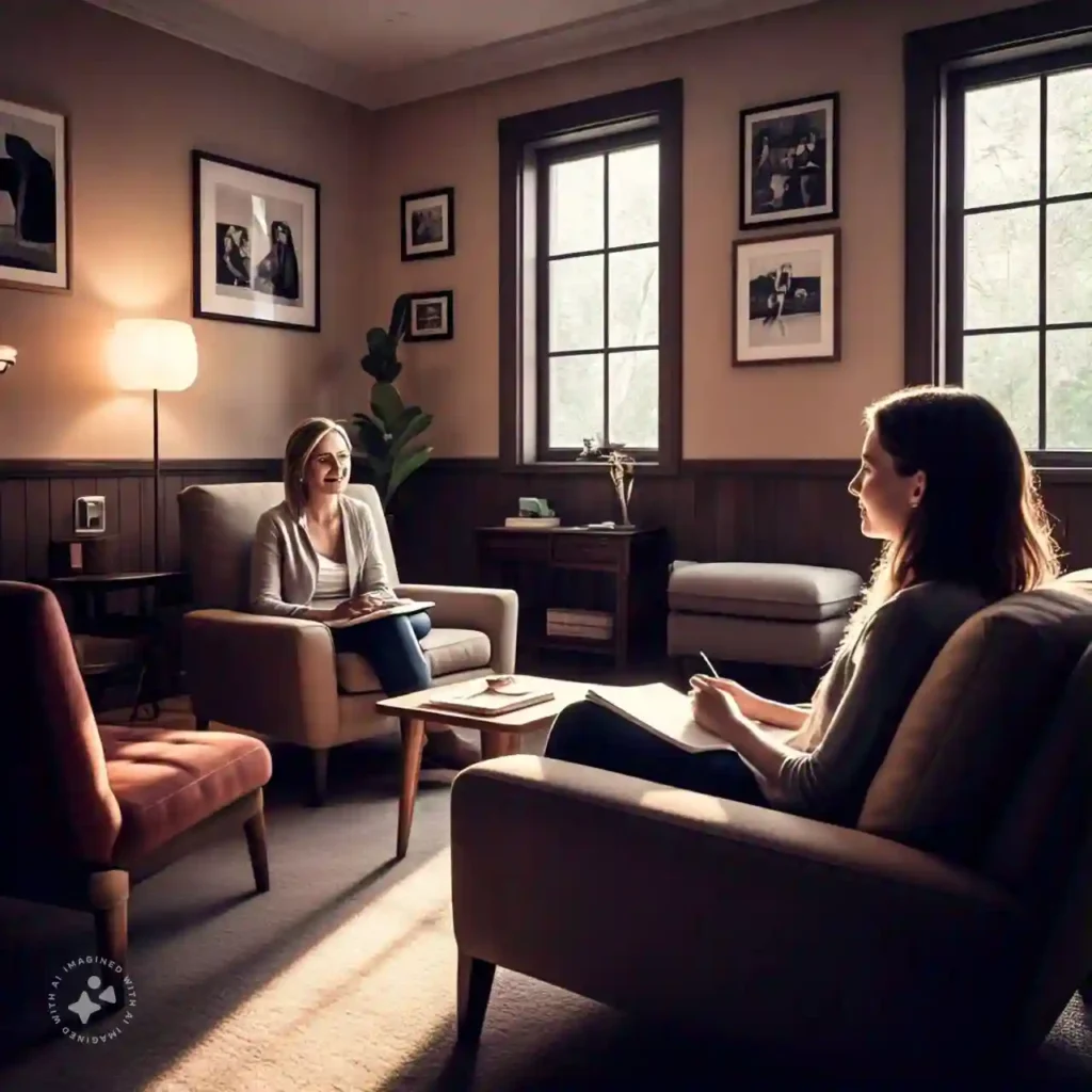 A welcoming therapist's office with a person discussing their mental health with a professional, highlighting the importance of regular mental health check-ups.