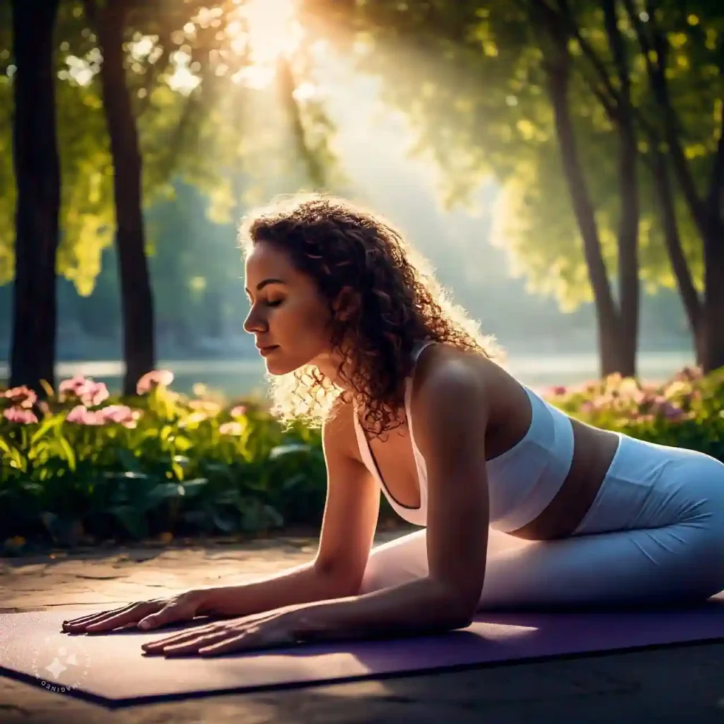 A woman practicing yoga outdoors in a green park, promoting relaxation and better digestion.