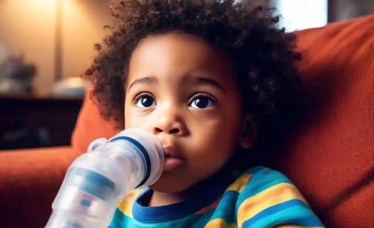 A young child with Cystic Fibrosis using a breathing device, sitting in a cozy living room, symbolizing strength and resilience in managing CF.