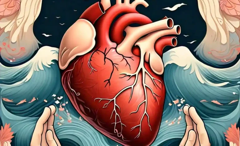 An artistic depiction of a healthy heart surrounded by calming waves and symbols promoting stress relief and wellness, emphasizing Heart Palpitations.