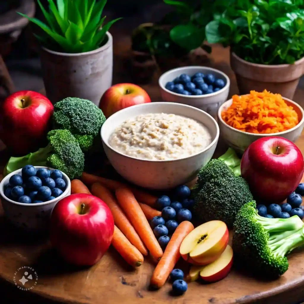An assortment of high-fiber foods like apples, berries, broccoli, carrots, and oatmeal, emphasizing the role of diet in digestive health.