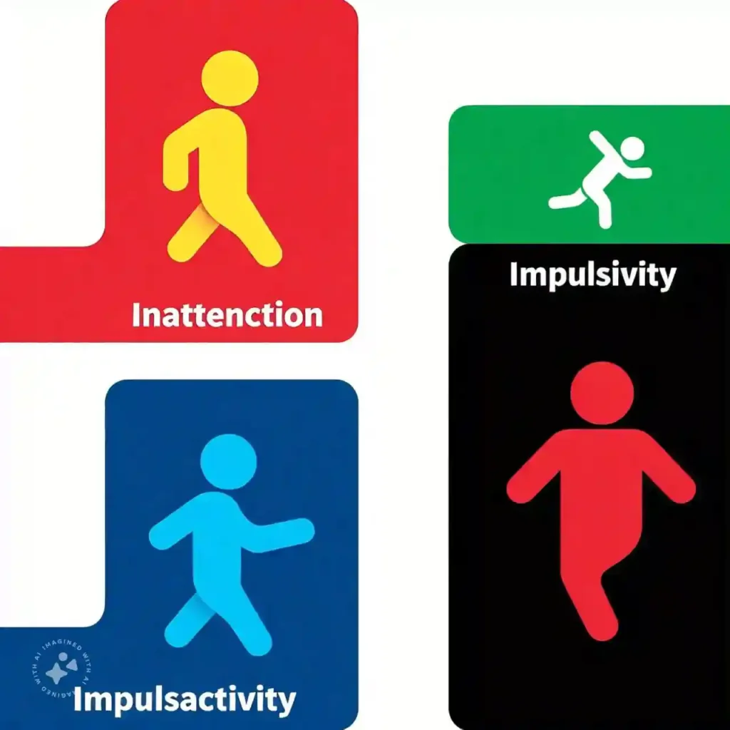 An educational diagram illustrating the three symptoms of ADHD: inattention, hyperactivity, and impulsivity, with simple icons and text labels.