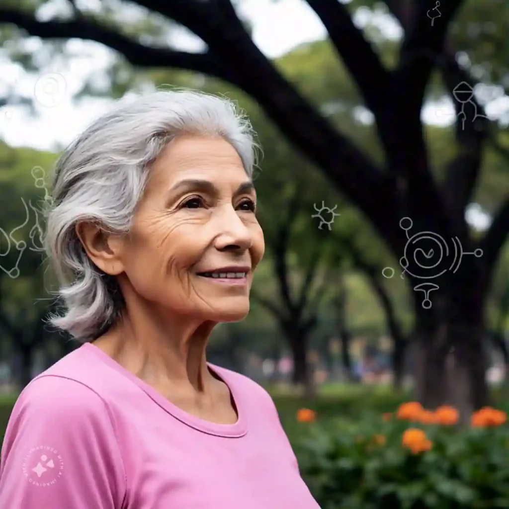 An elderly woman exercising outdoors, representing the health benefits of Regular Endocrine Check-Ups for aging individuals.