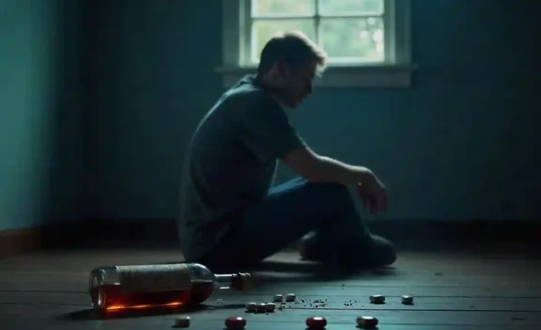 An individual sitting alone in a dimly lit room, surrounded by a broken liquor bottle and scattered pills, symbolizing the impact of substance abuse on mental health.