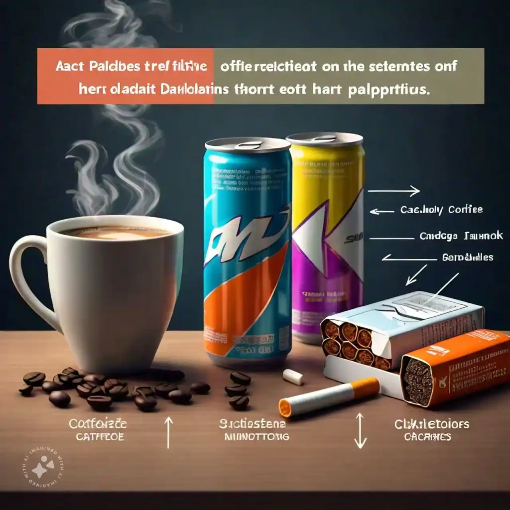 An infographic-style image showing coffee, energy drinks, and cigarettes with text highlighting their connection to Heart Palpitations.