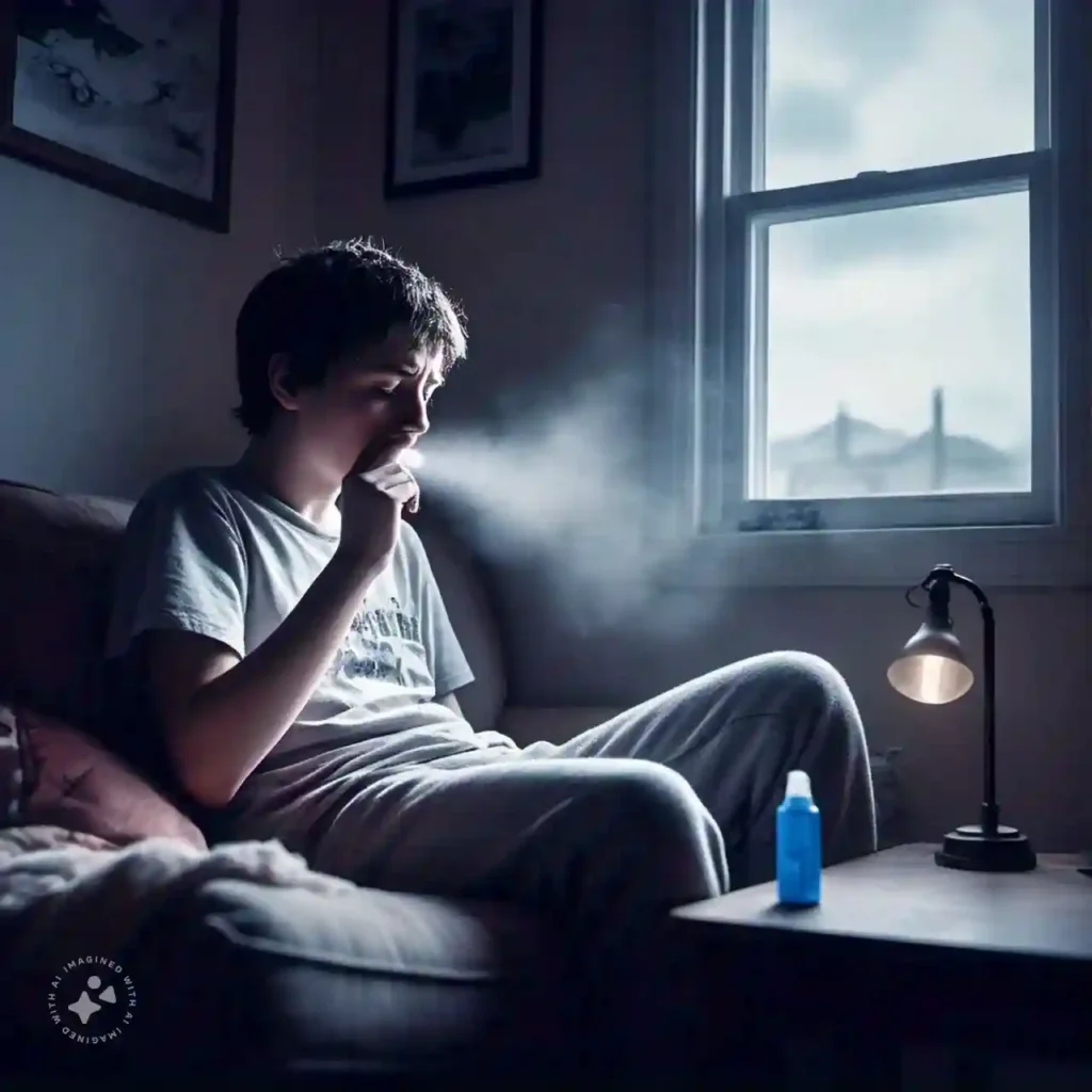 An inhaler on a table next to a person with breathing difficulty, showing how Allergies Affects on Respiratory Health and asthma.