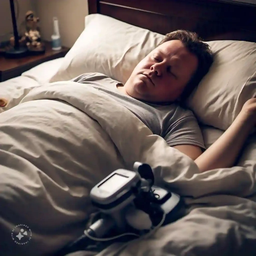 An obese person using a CPAP machine while sleeping, illustrating sleep apnea treatment and how obesity impacts respiratory health.