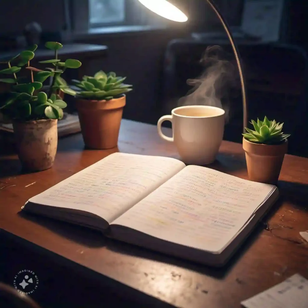 An open journal on a desk with problem-solving notes, surrounded by plants and a cup of coffee, symbolizing clarity and focus. Journaling for Mental Health.