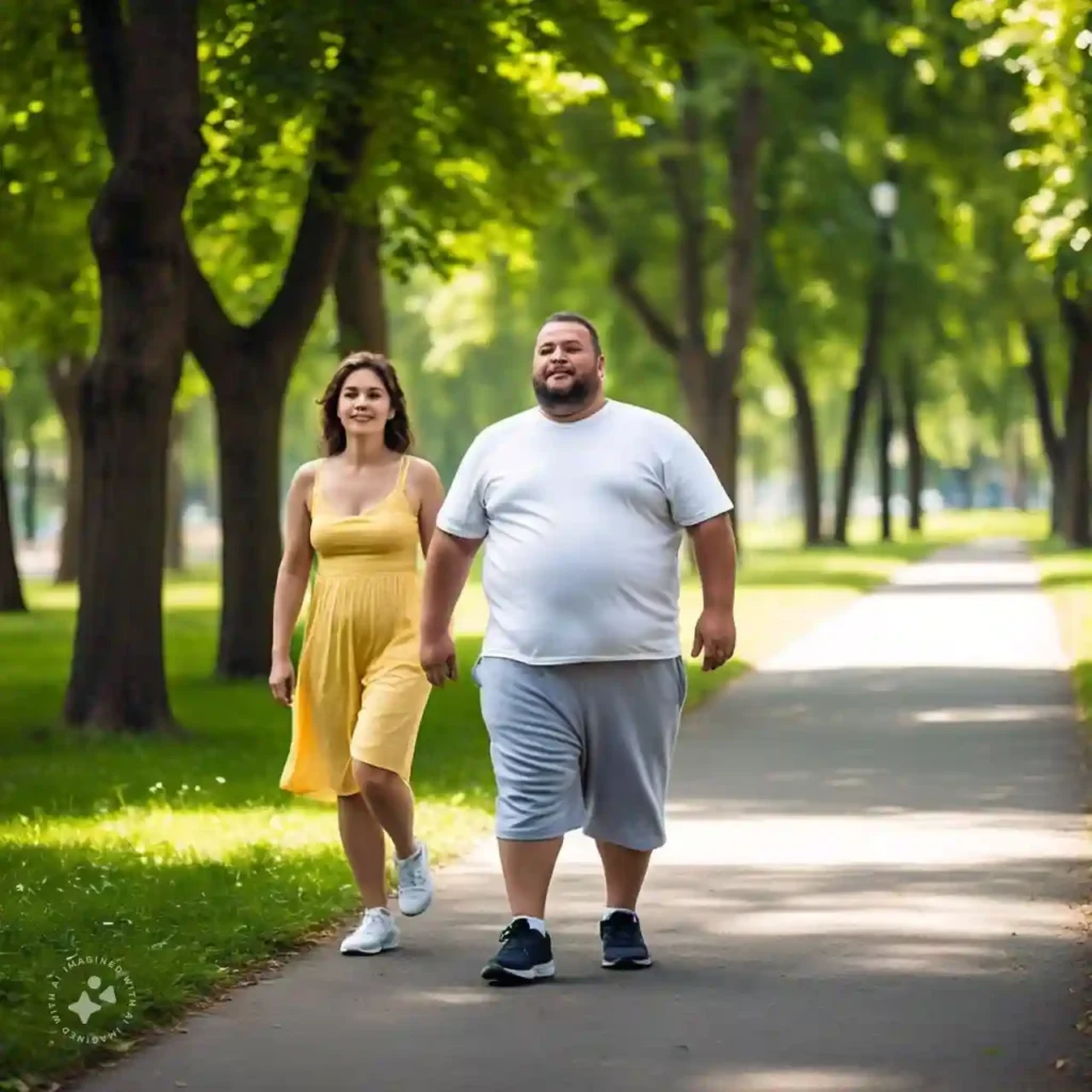 An overweight person pausing during exercise in a park, appearing out of breath but determined, showing how obesity impacts respiratory health.