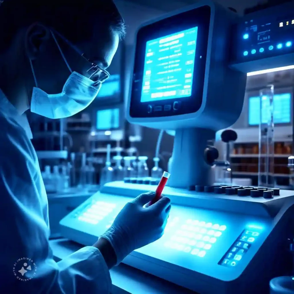 Close-up of a blood sample being inserted into a hormone testing machine, highlighting the precision and importance of Regular Hormone Testing.