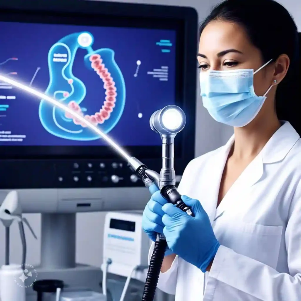 Close-up of a colonoscopy camera with a diagram of the colon, emphasizing the importance of colonoscopies for early detection and prevention.