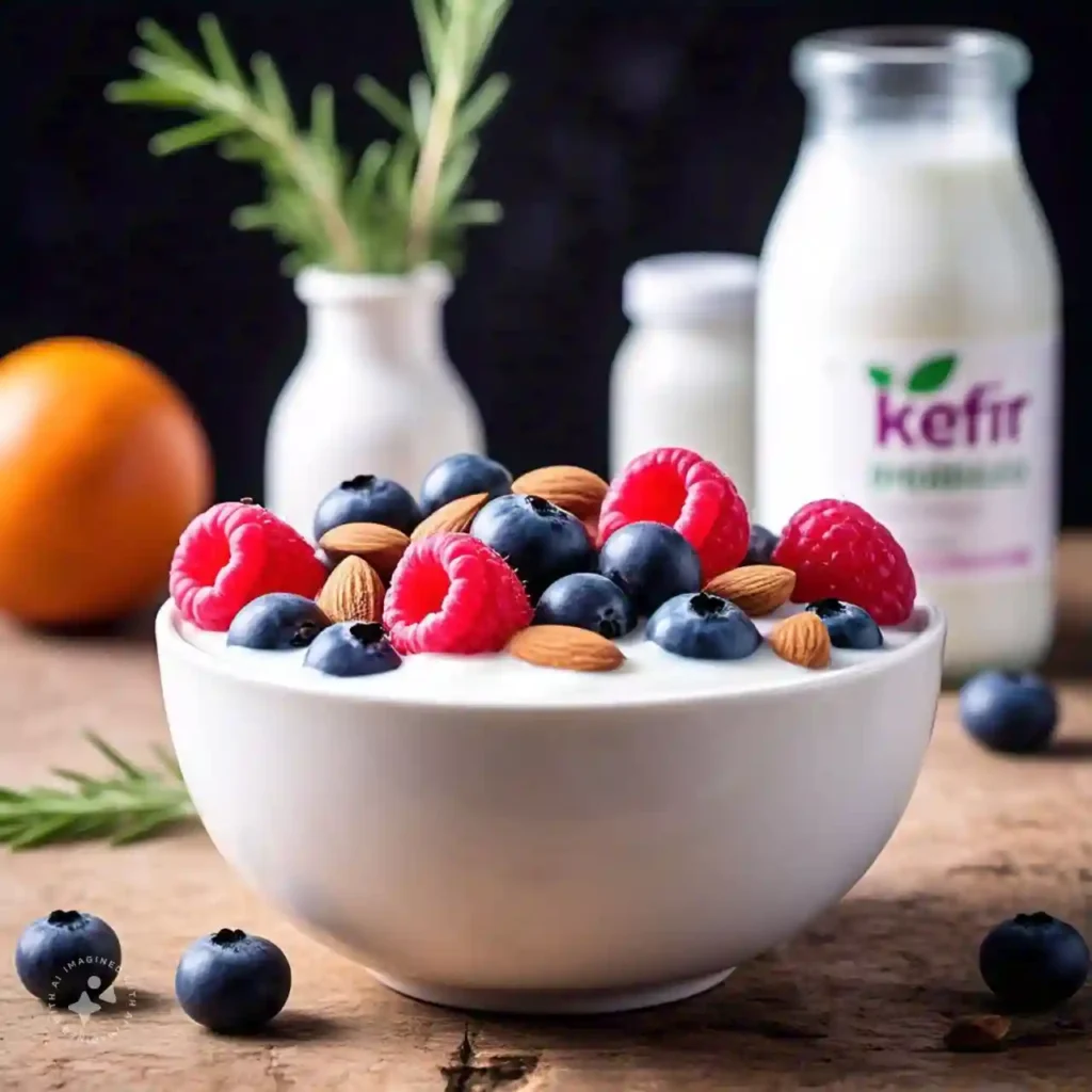 Close-up of a yogurt bowl with berries, nuts, and honey, with kefir bottles and probiotic capsules in the background, highlighting probiotics for gut health.