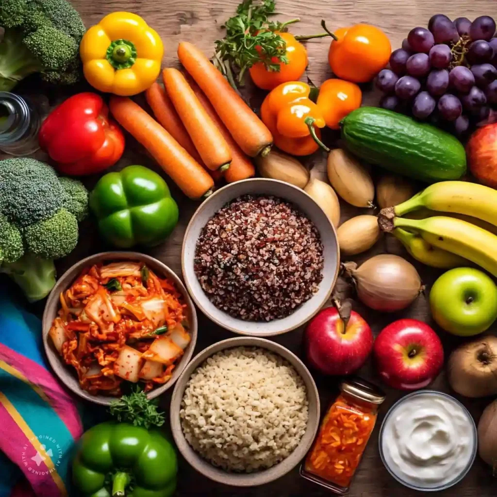 Close-up of gut-friendly foods, including vegetables, fruits, whole grains, and fermented dishes, laid out on a wooden table.