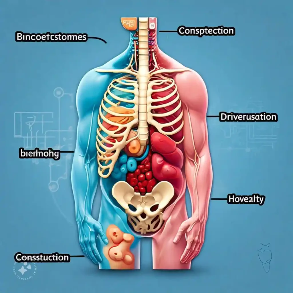 Comparison of a healthy gut and an IBS-affected gut, illustrating common symptoms like bloating, diarrhea, and constipation associated with Irritable Bowel Syndrome (IBS).