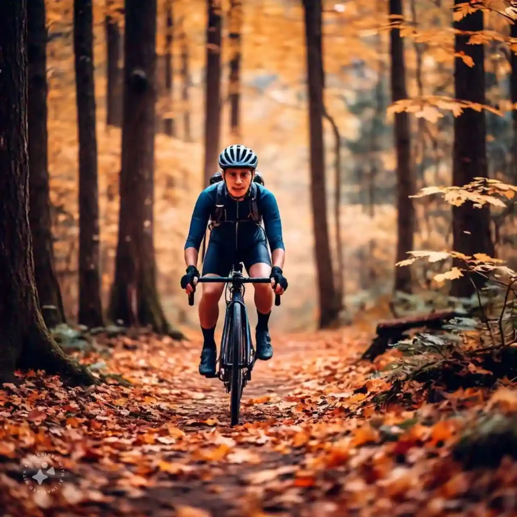 Cyclist riding through a forest trail in autumn, highlighting the brain-boosting and mental clarity benefits of physical activity for mental health.