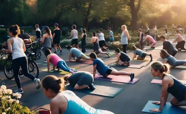 Diverse group of people enjoying physical activities like yoga, jogging, and cycling in a peaceful outdoor setting, symbolizing the benefits of regular physical activity for mental health.