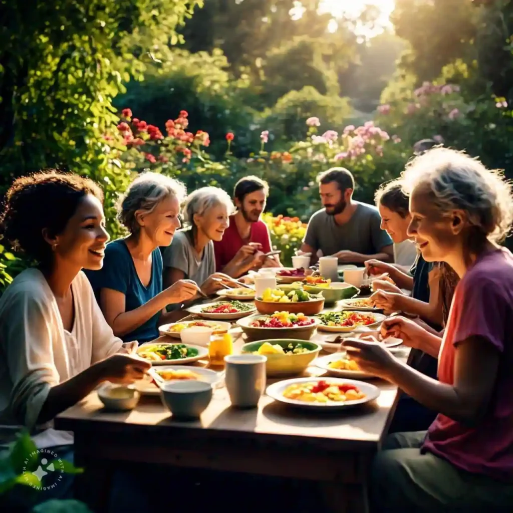 Diverse group of people sharing a healthy meal outdoors, representing the recovery journey from eating disorders.