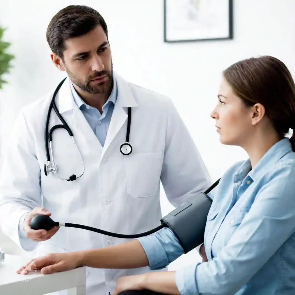 Doctor checking a patient's blood pressure during a health checkup to monitor heart disease risk.