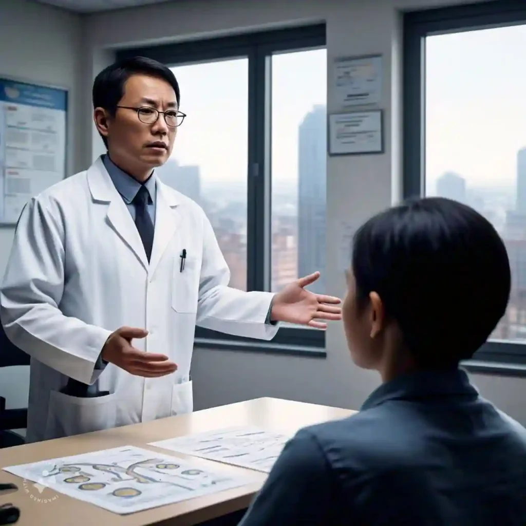 Doctor explaining bronchitis diagnosis and treatment options to a patient in a medical office.