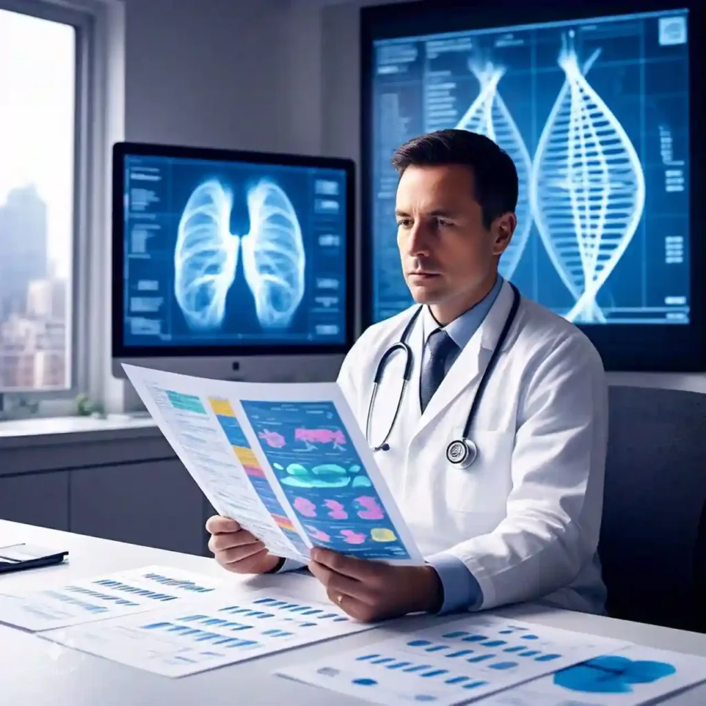 Doctor showing a genetic test report, highlighting the role of genetics in respiratory health and lung disease diagnosis.