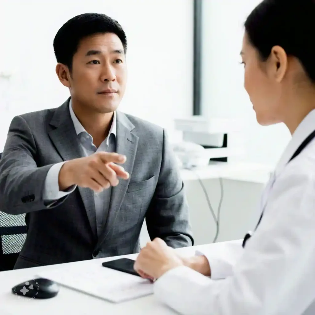 Doctor showing an ECG monitor with an irregular heart rhythm to a patient, explaining atrial fibrillation.