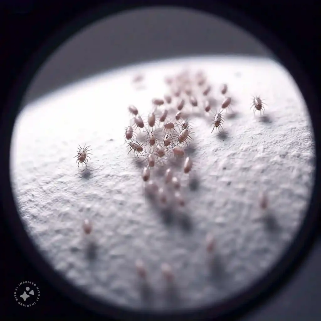 Dust mites on a bed surface under a microscope representing common indoor allergens and how Allergies Affects on Respiratory Health.