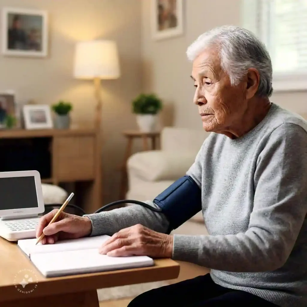 Elderly person recording blood pressure readings in a logbook at home.