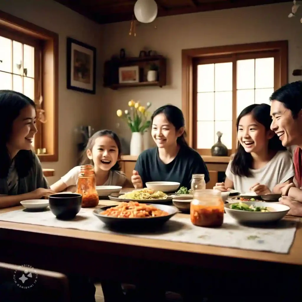 Family enjoying a meal with probiotic-rich foods like kimchi, miso soup, and pickles, representing the benefits of probiotics for gut health.