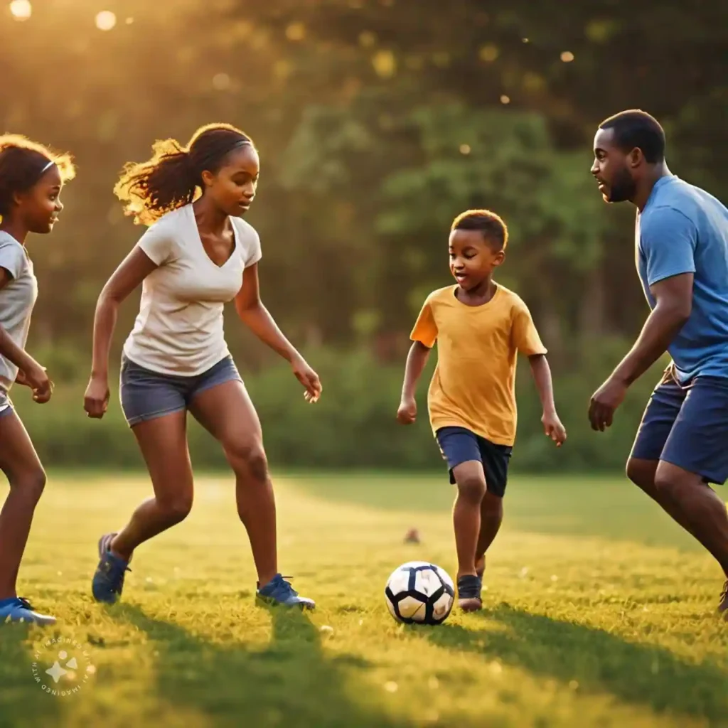 Family playing soccer in a field at sunset, showcasing how Physical Activity for Heart Health can be fun and engaging.