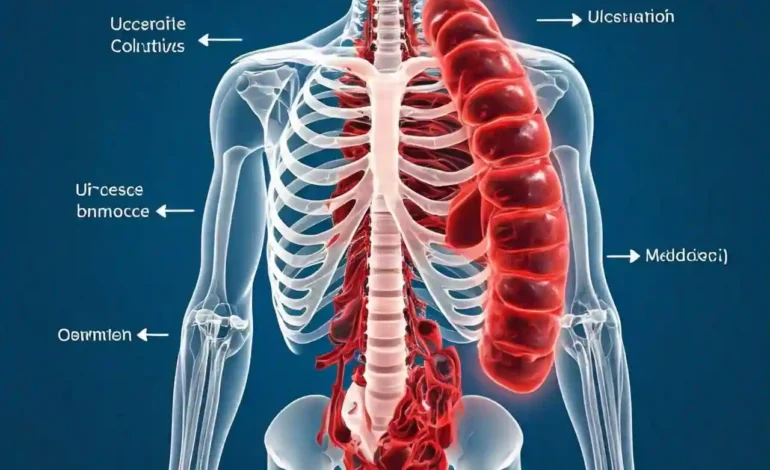 Illustration of the human digestive system with the colon highlighted to show inflammation caused by ulcerative colitis.