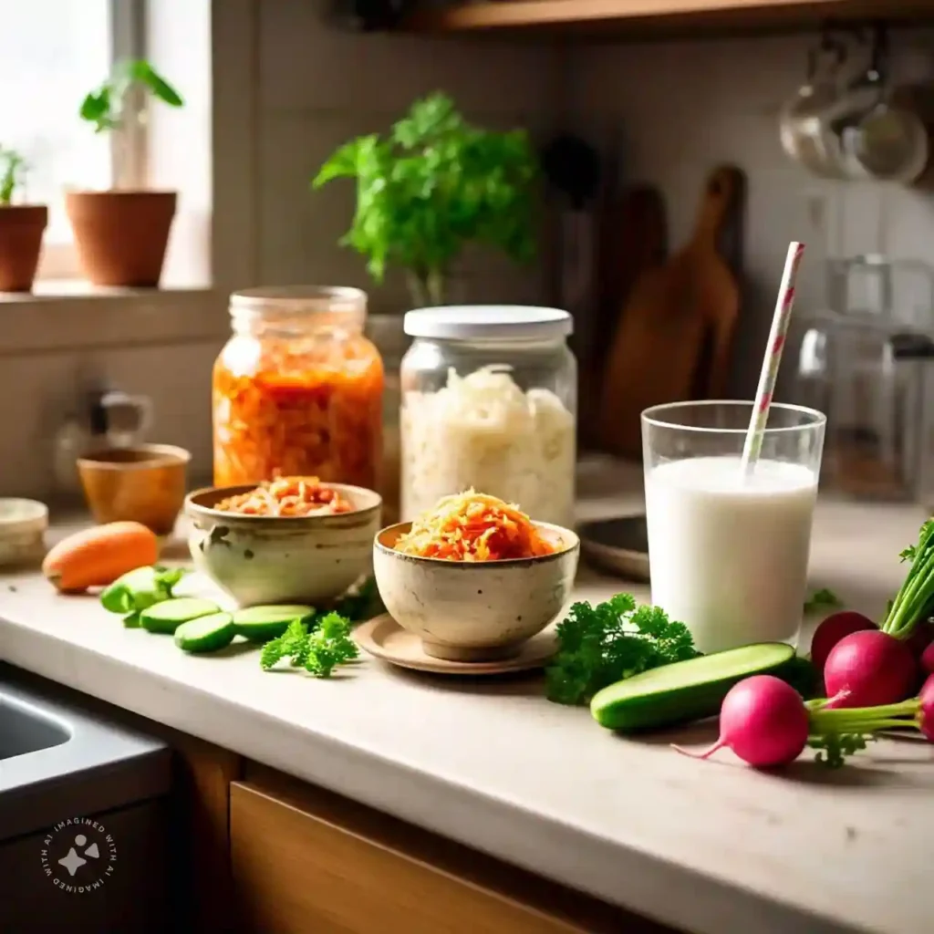 Fermented foods like kimchi, sauerkraut, yogurt, and kefir displayed with fresh vegetables, highlighting their benefits for gut health.